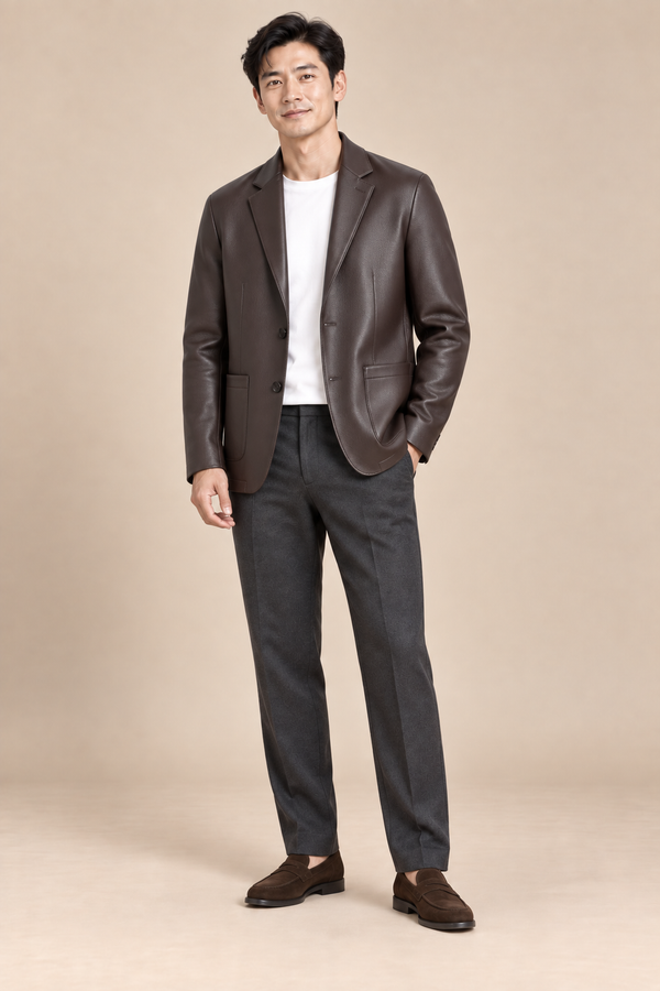 Men’s Genuine Sheepskin Leather Jacket with Turn-Down Collar