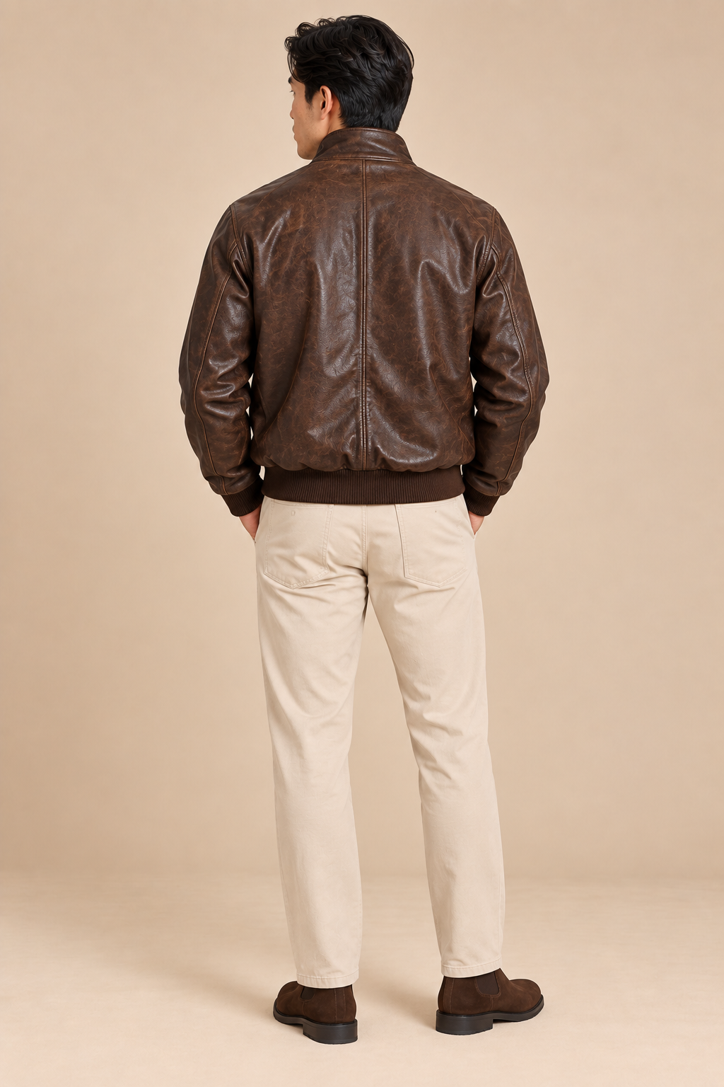 Men’s genuine Leather Bomber Jacket with Stand Collar
