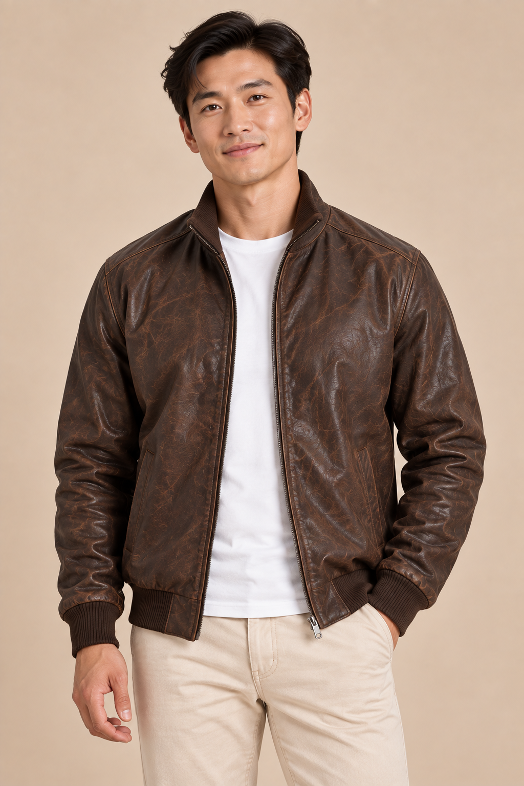 Men’s genuine Leather Bomber Jacket with Stand Collar