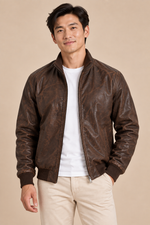 Men’s genuine Leather Bomber Jacket with Stand Collar