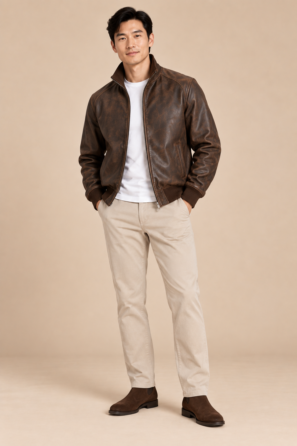 Men’s genuine Leather Bomber Jacket with Stand Collar