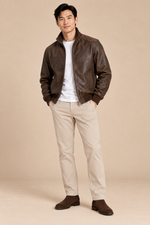 Men’s genuine Leather Bomber Jacket with Stand Collar