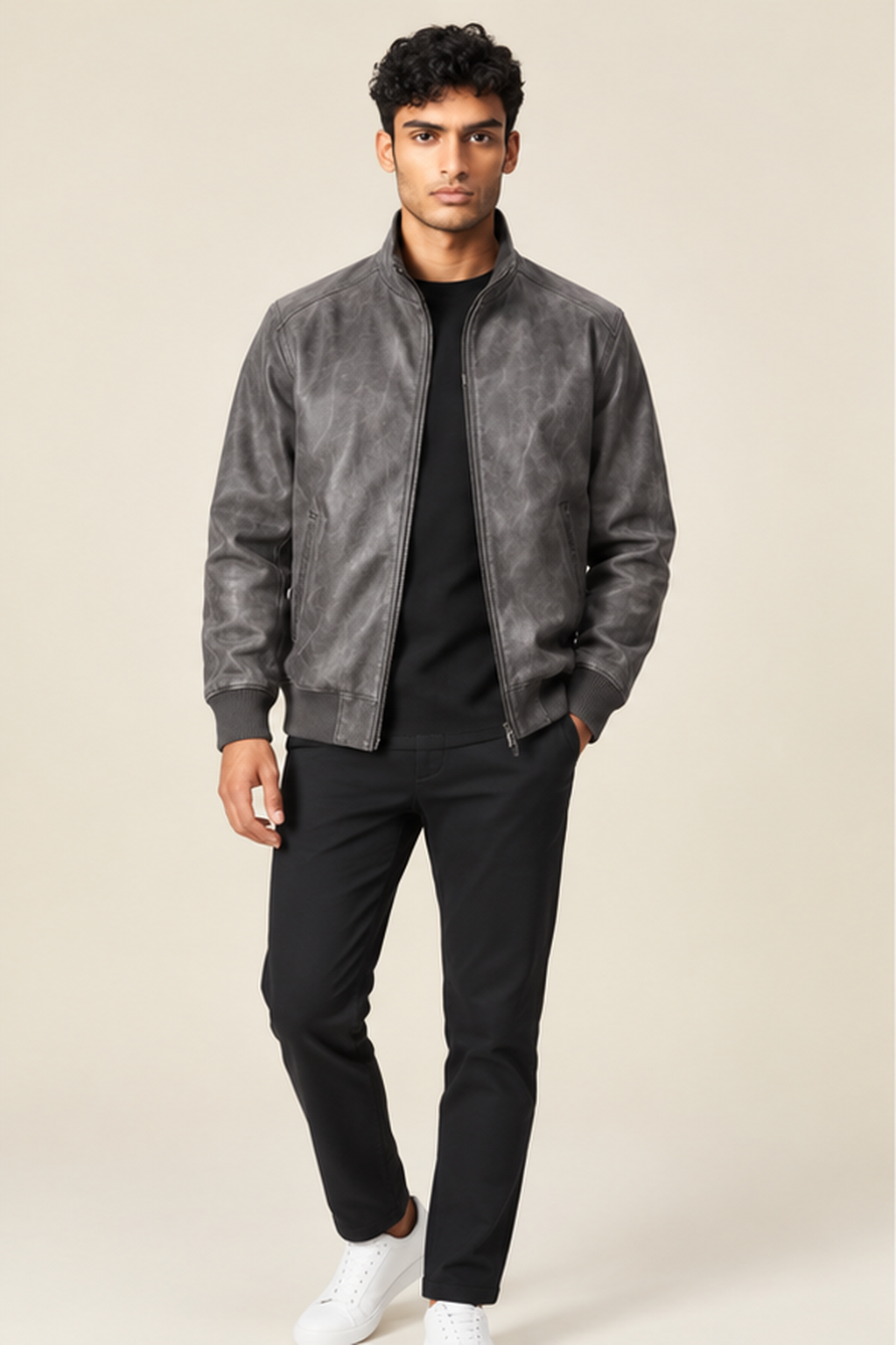 Men’s genuine Leather Bomber Jacket with Stand Collar