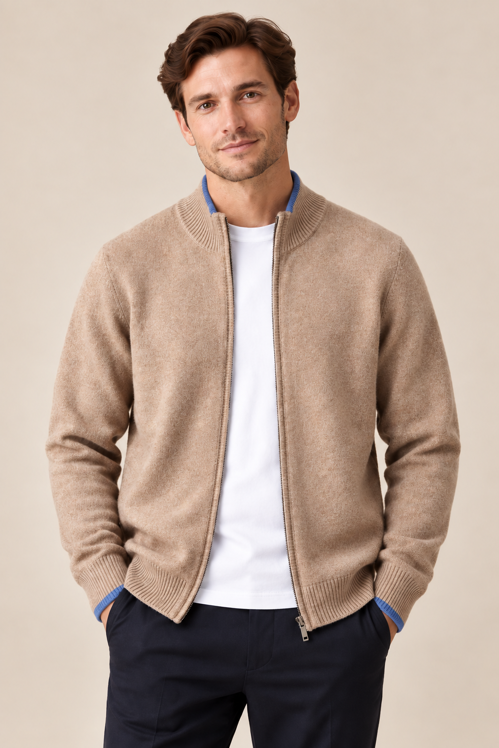 Men’s 100% Merino Wool Patchwork-Knit Full-Zip Cardigan