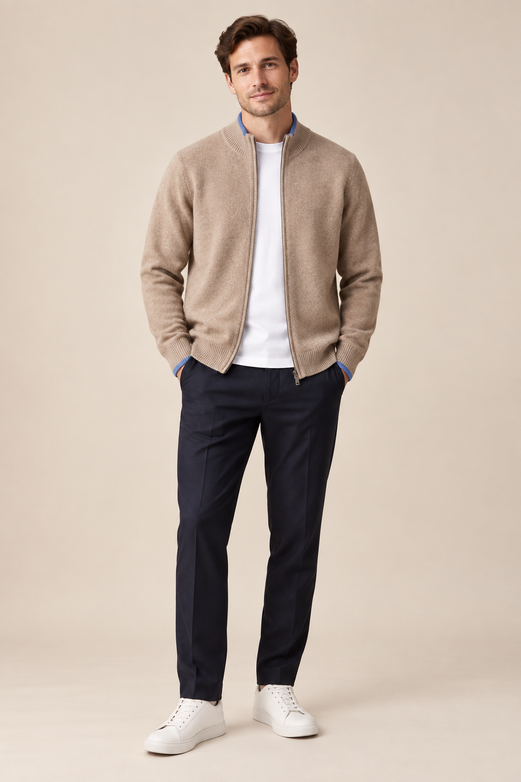 Men’s 100% Merino Wool Patchwork-Knit Full-Zip Cardigan