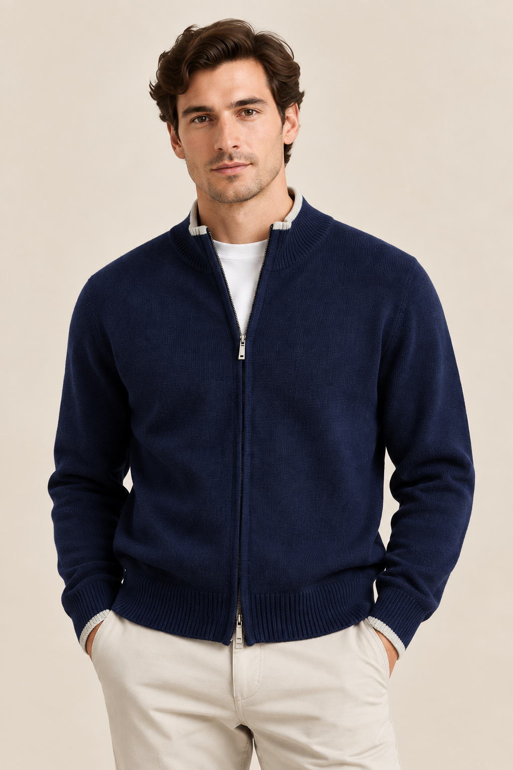 Men’s 100% Merino Wool Patchwork-Knit Full-Zip Cardigan