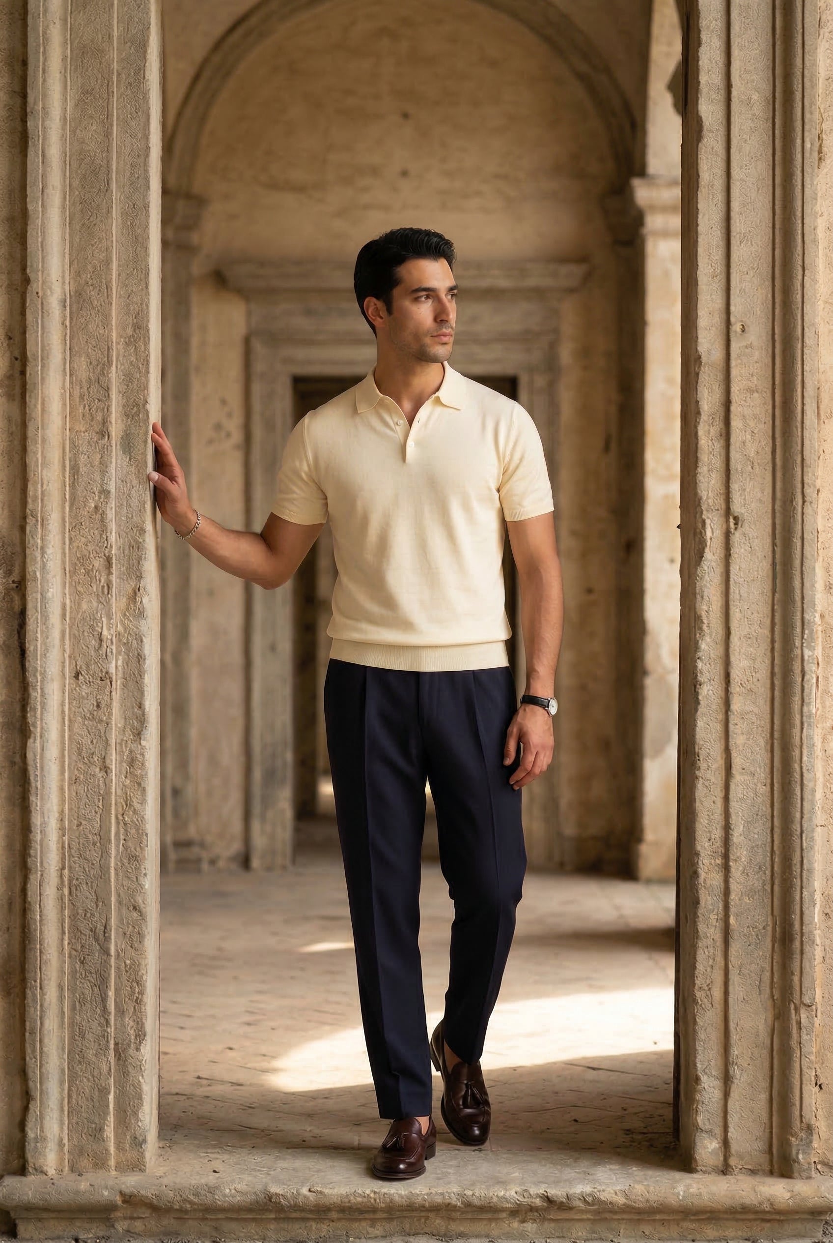 Caldrin – Taupe Short-Sleeve Knit Polo Shirt