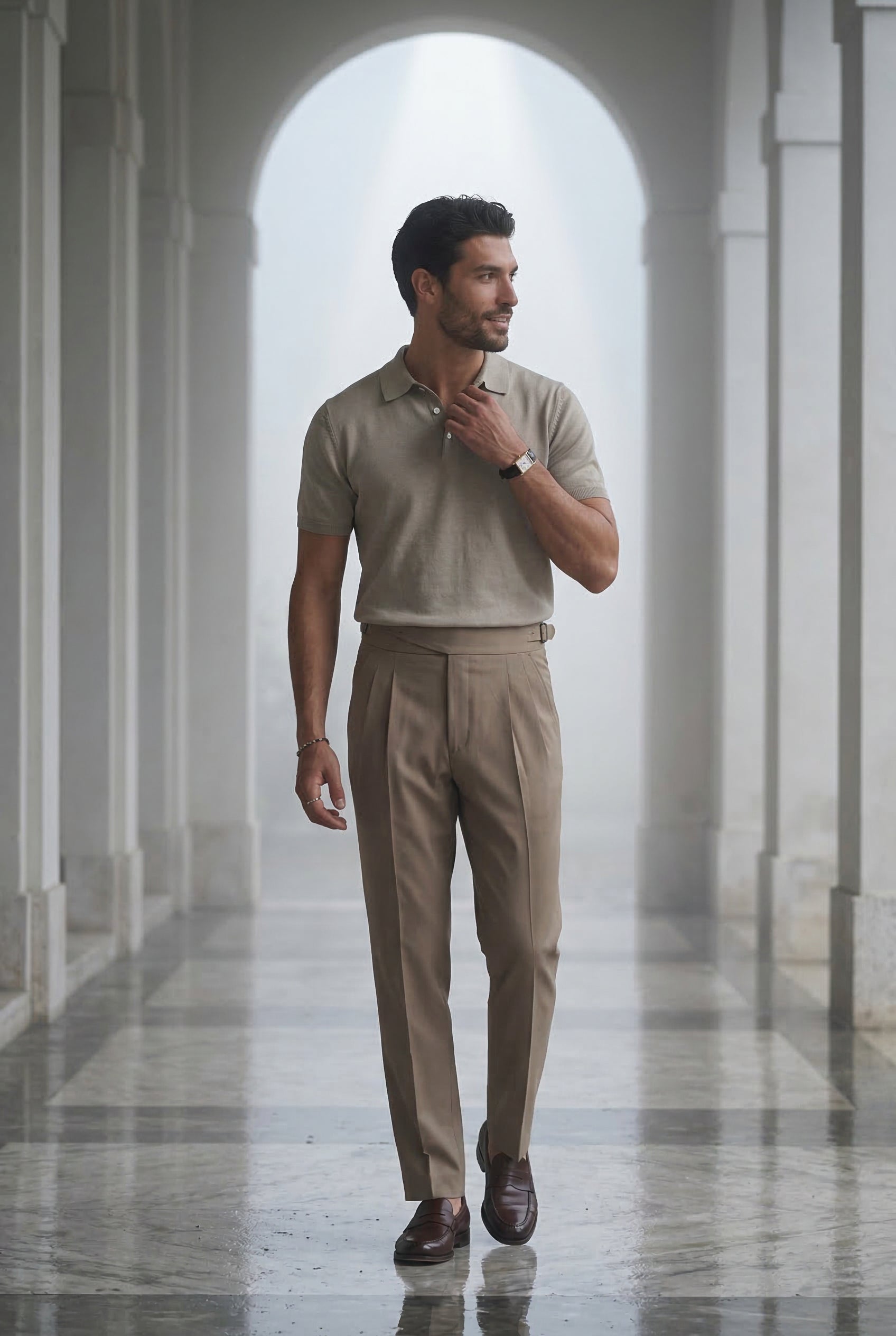 Caldrin – Taupe Short-Sleeve Knit Polo Shirt