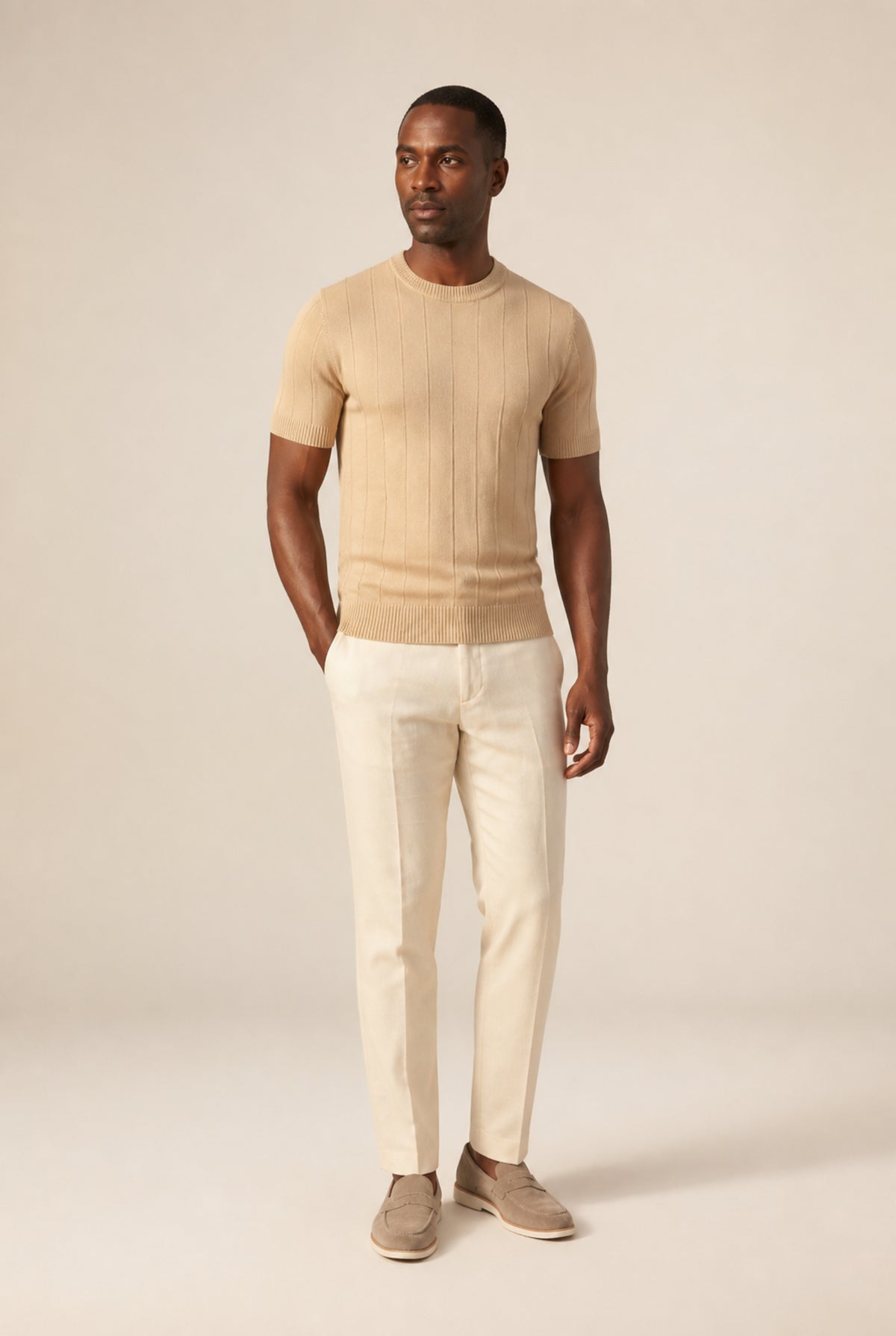 Men's Knitted T-Shirt with Crew Neck and Textured Finish