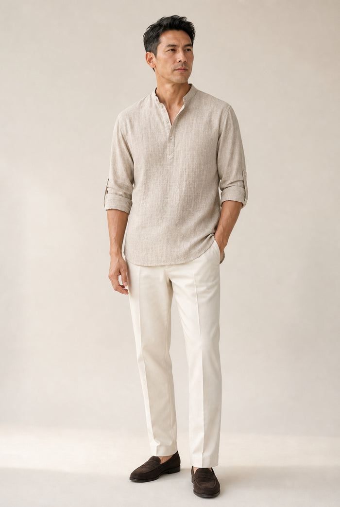 Men's Long Sleeve Henley Shirt with Textured Finish