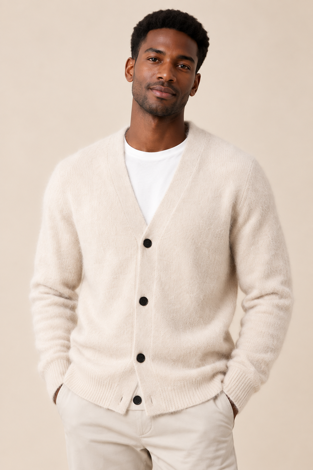 Men’s 100% Mink Cashmere Single-Breasted V-Neck Cardigan