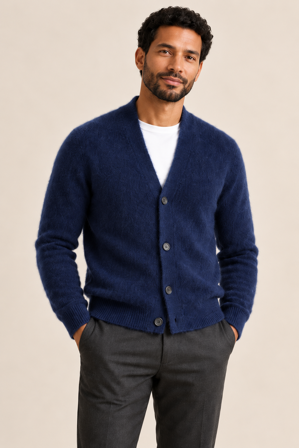 Men’s 100% Mink Cashmere Single-Breasted V-Neck Cardigan