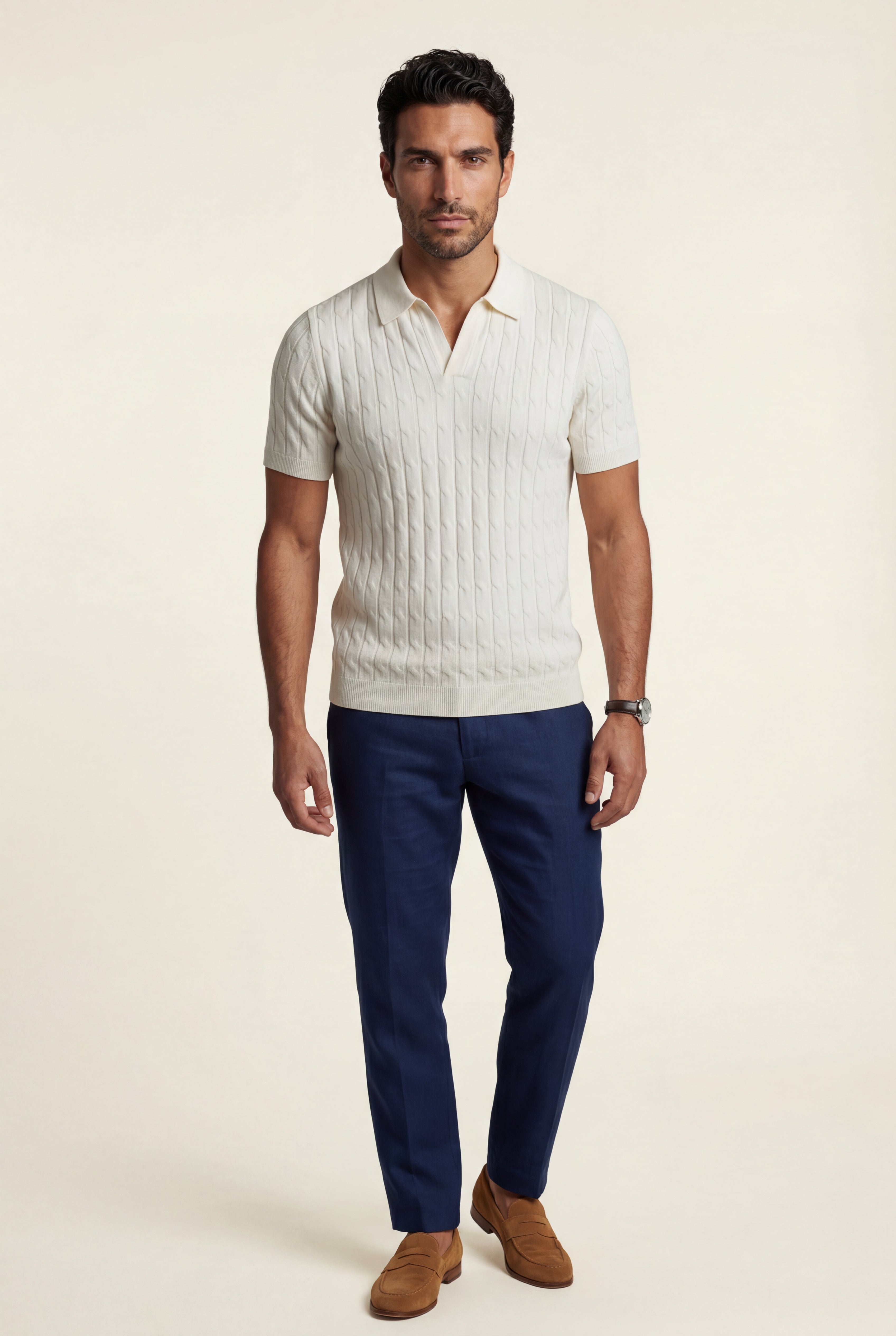 Evorlan – Ivory Cable-Knit Short-Sleeve Polo Shirt
