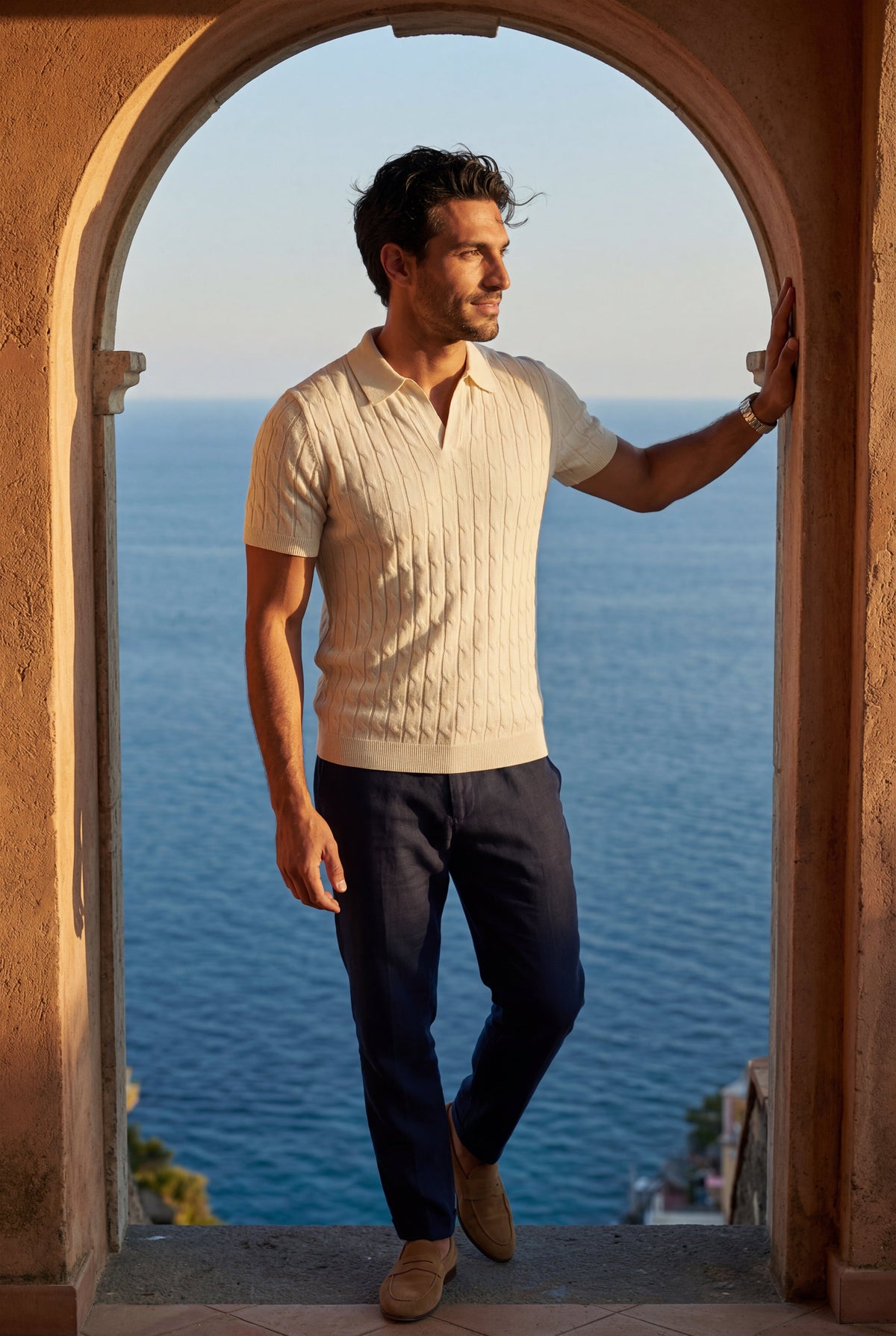 Men's Cable Knit Polo Shirt with Short Sleeves