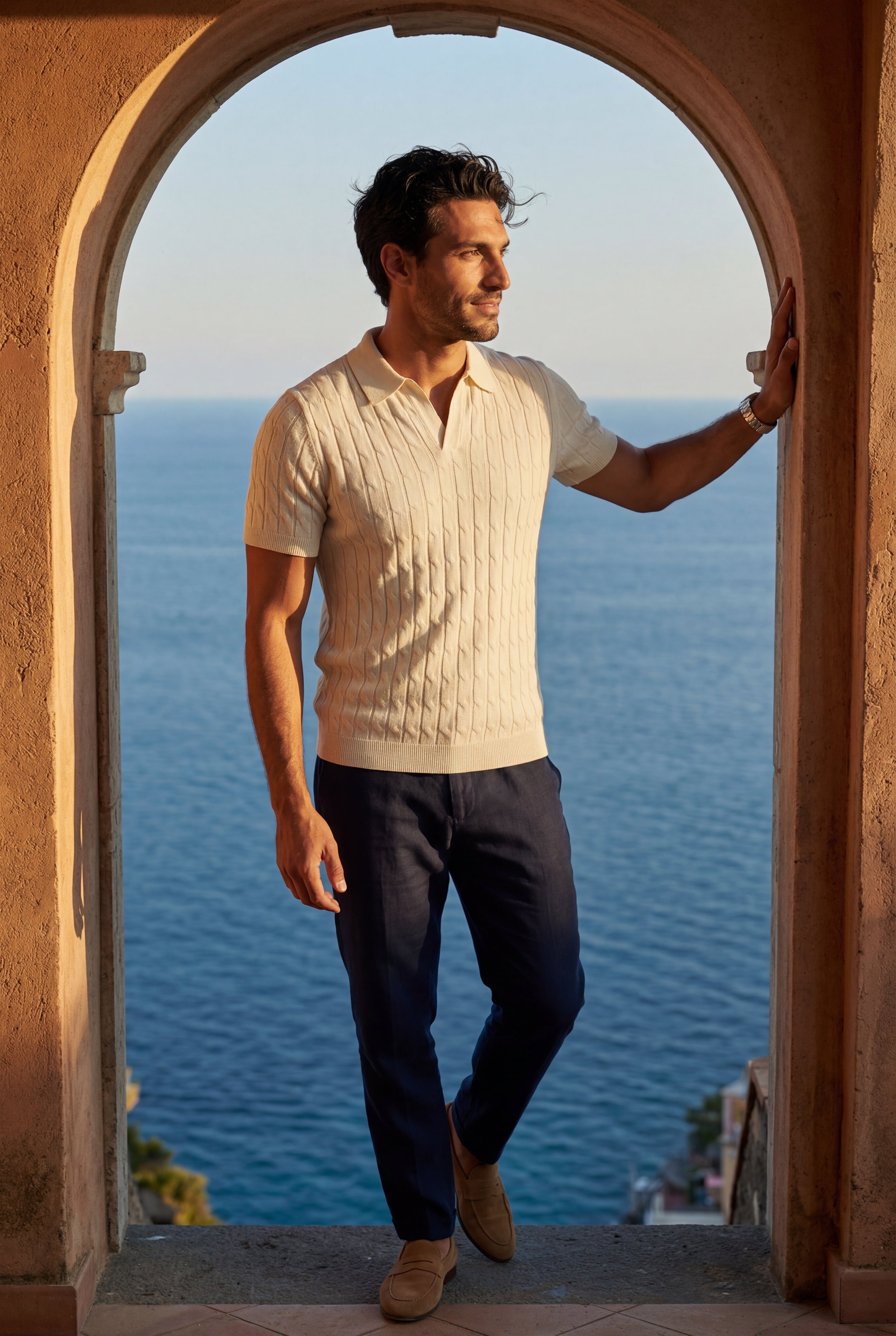 Evorlan – Ivory Cable-Knit Short-Sleeve Polo Shirt
