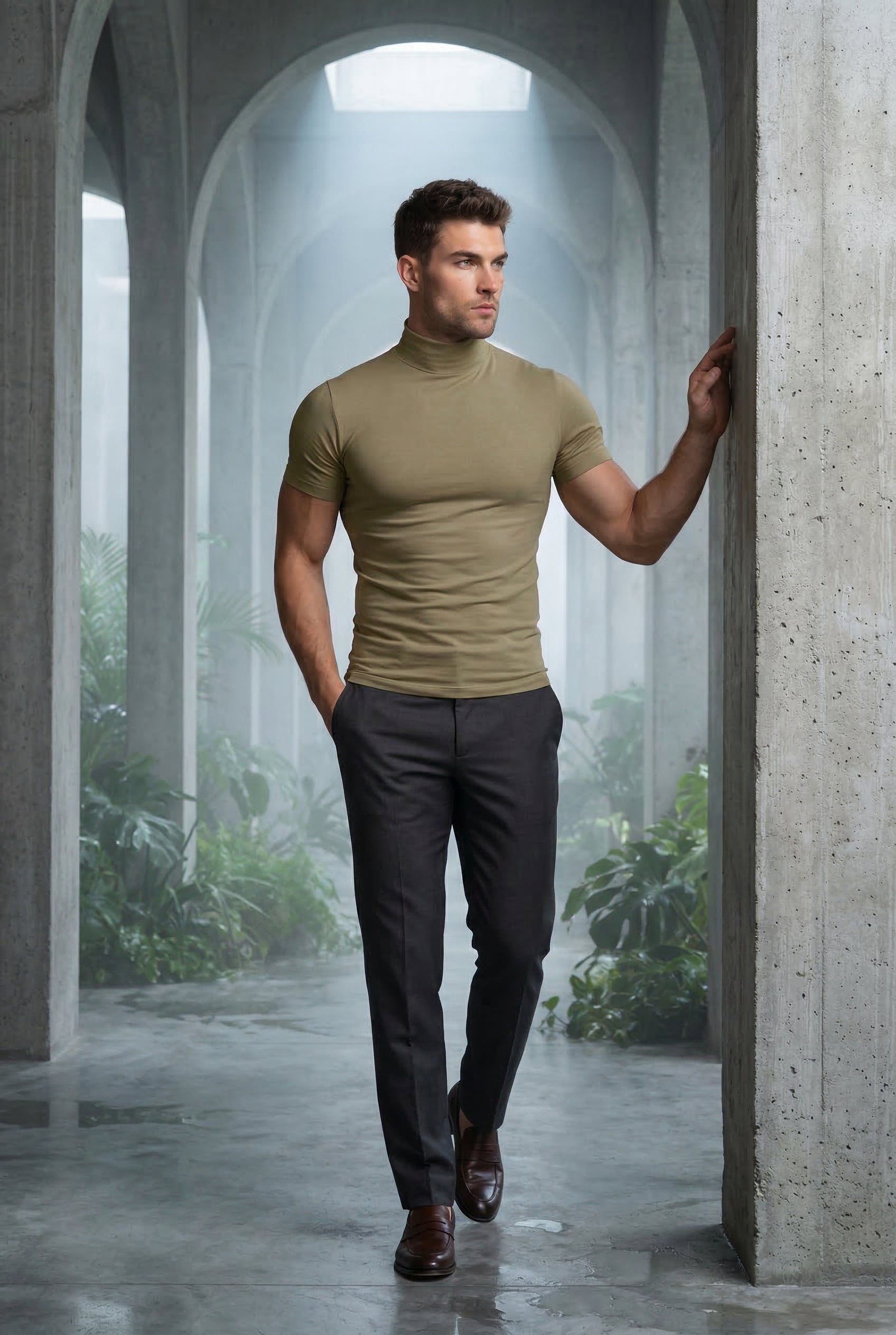 Fitted T-shirt for everyday wear – Short-sleeved T-shirt with a roll neck for men