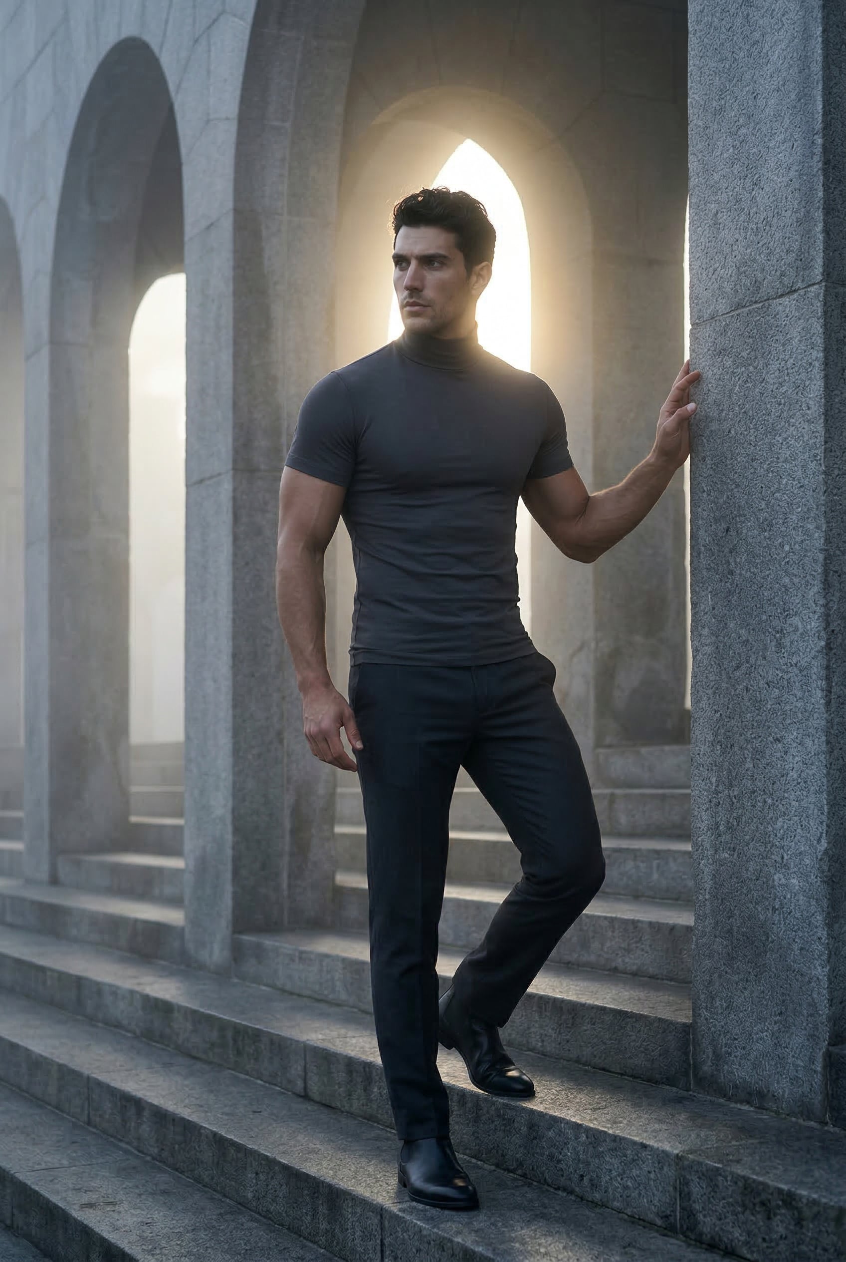 Fitted T-shirt for everyday wear – Short-sleeved T-shirt with a roll neck for men