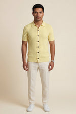 Men's Ribbed Knitted Shirt with Short Sleeves and Button Front