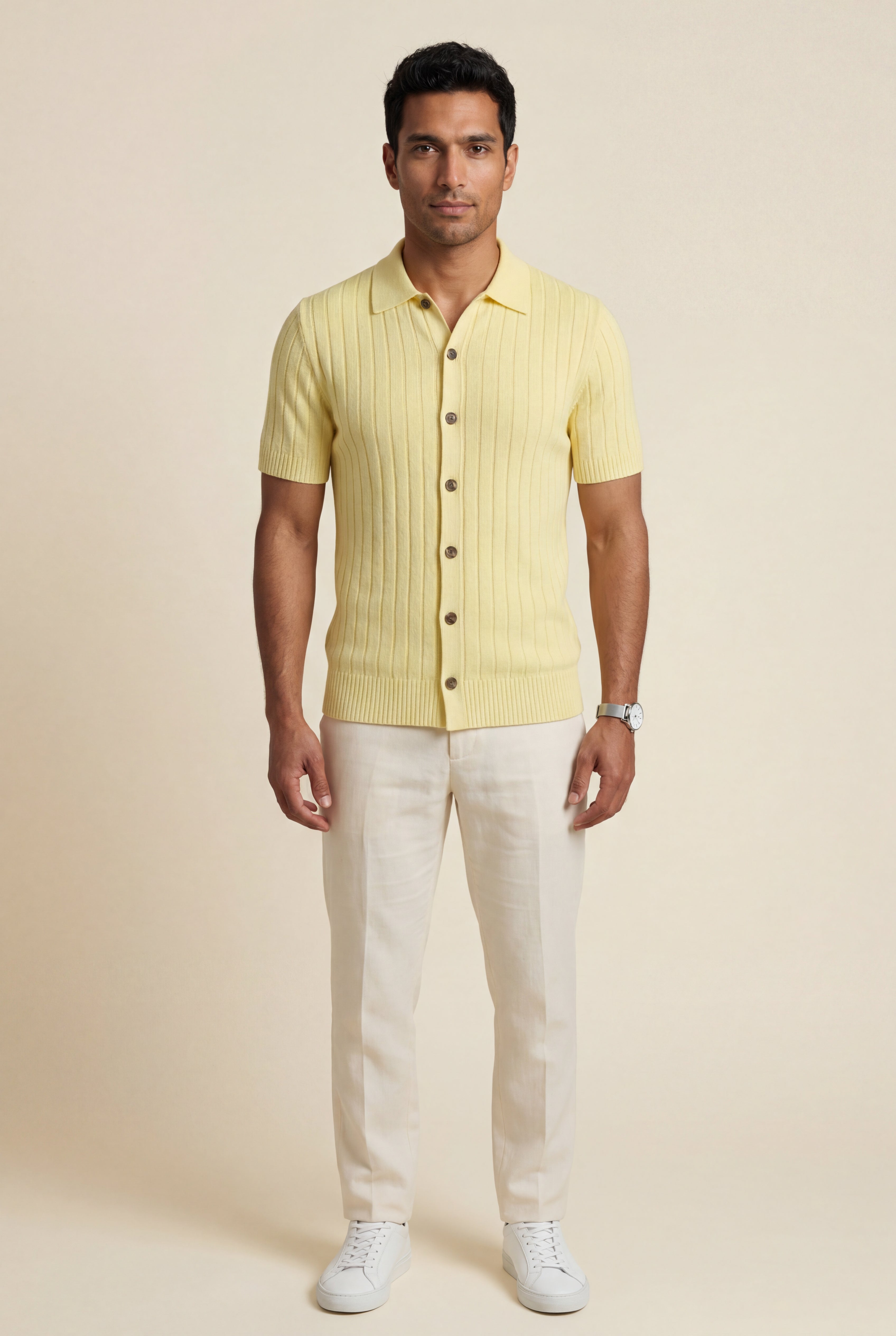 Melvarin – Pale Yellow Ribbed Button-Front Knit Shirt