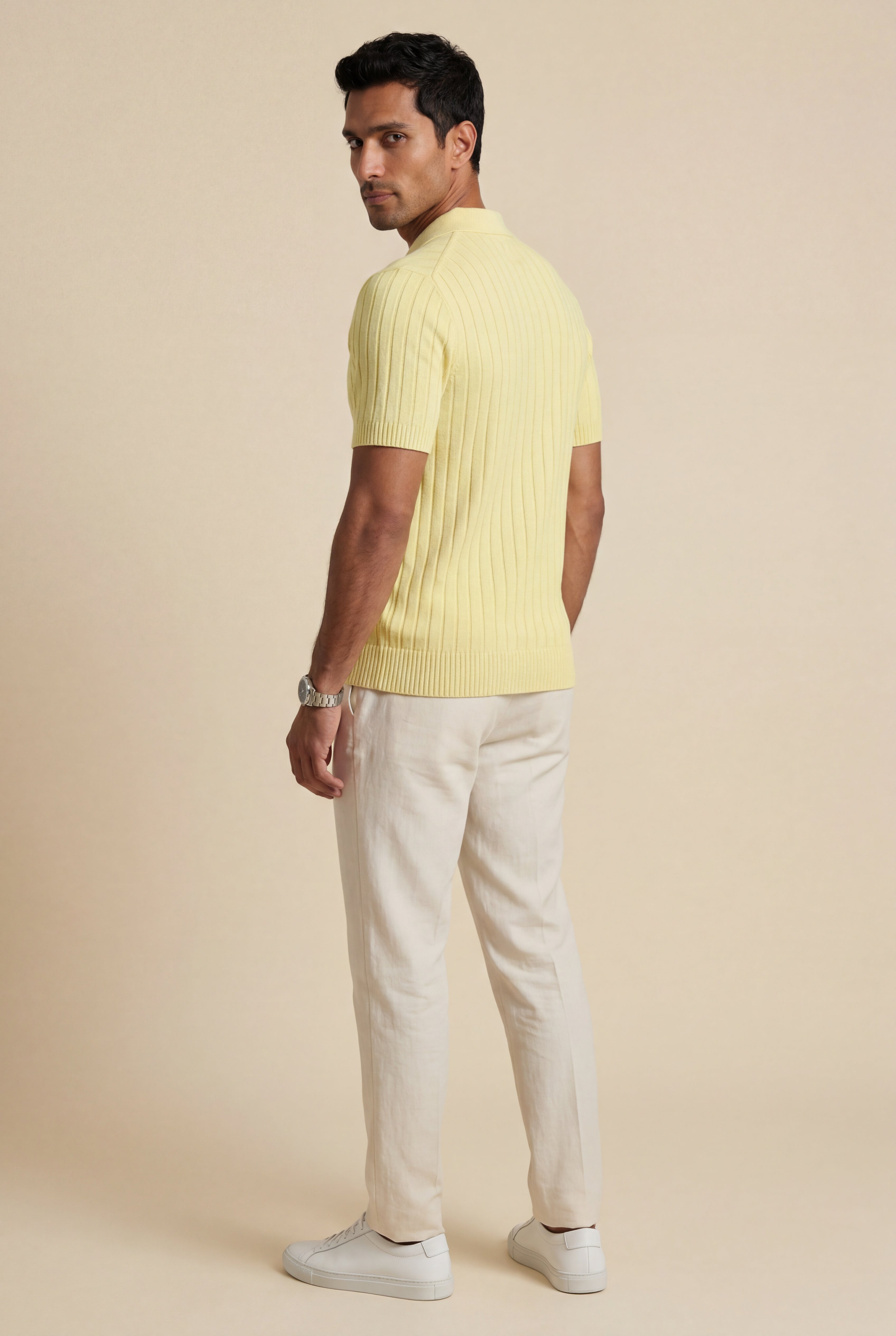 Melvarin – Pale Yellow Ribbed Button-Front Knit Shirt