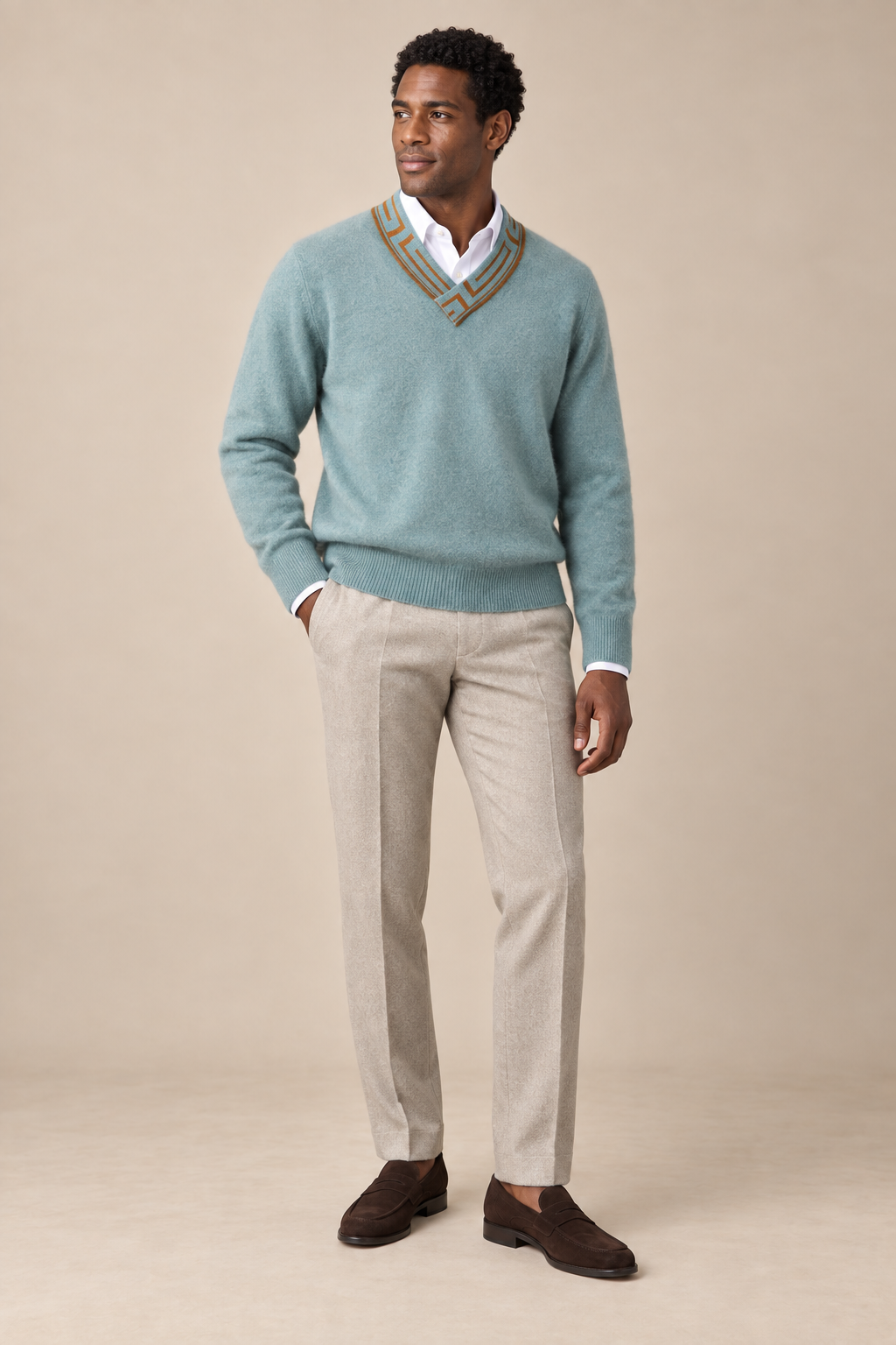Men’s 100% Cashmere V-Neck Jumper with Contrast Trim