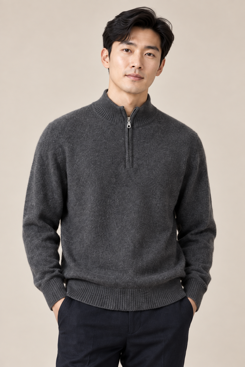 Men’s 100% Cashmere Knitted Mock-Neck Zip Jumper