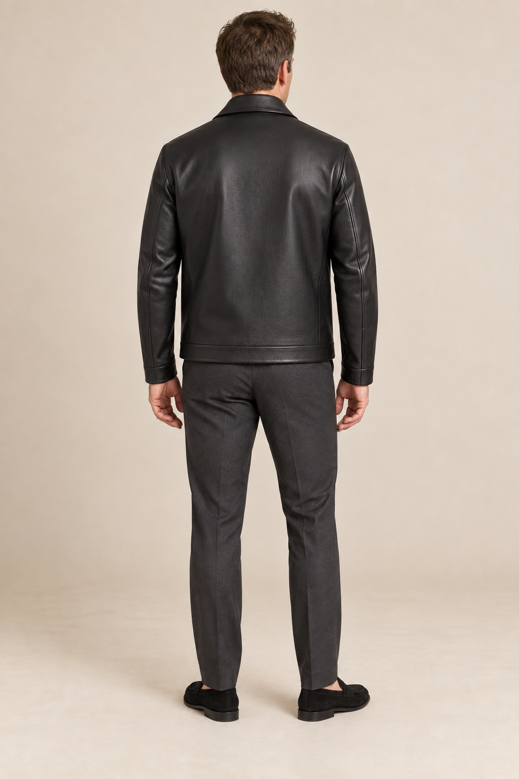 Men’s Split Leather Zip Jacket with Classic Collar