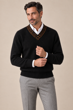 Men’s 100% Cashmere V-Neck Jumper with Contrast Trim