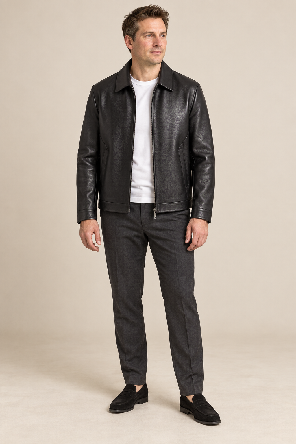 Men’s Split Leather Zip Jacket with Classic Collar