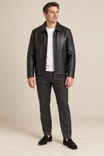 Men’s Split Leather Zip Jacket with Classic Collar
